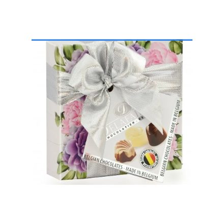 Foto - Belgické plněné pralinky 50g - Růžovofialové květy se stříbrnou mašlí